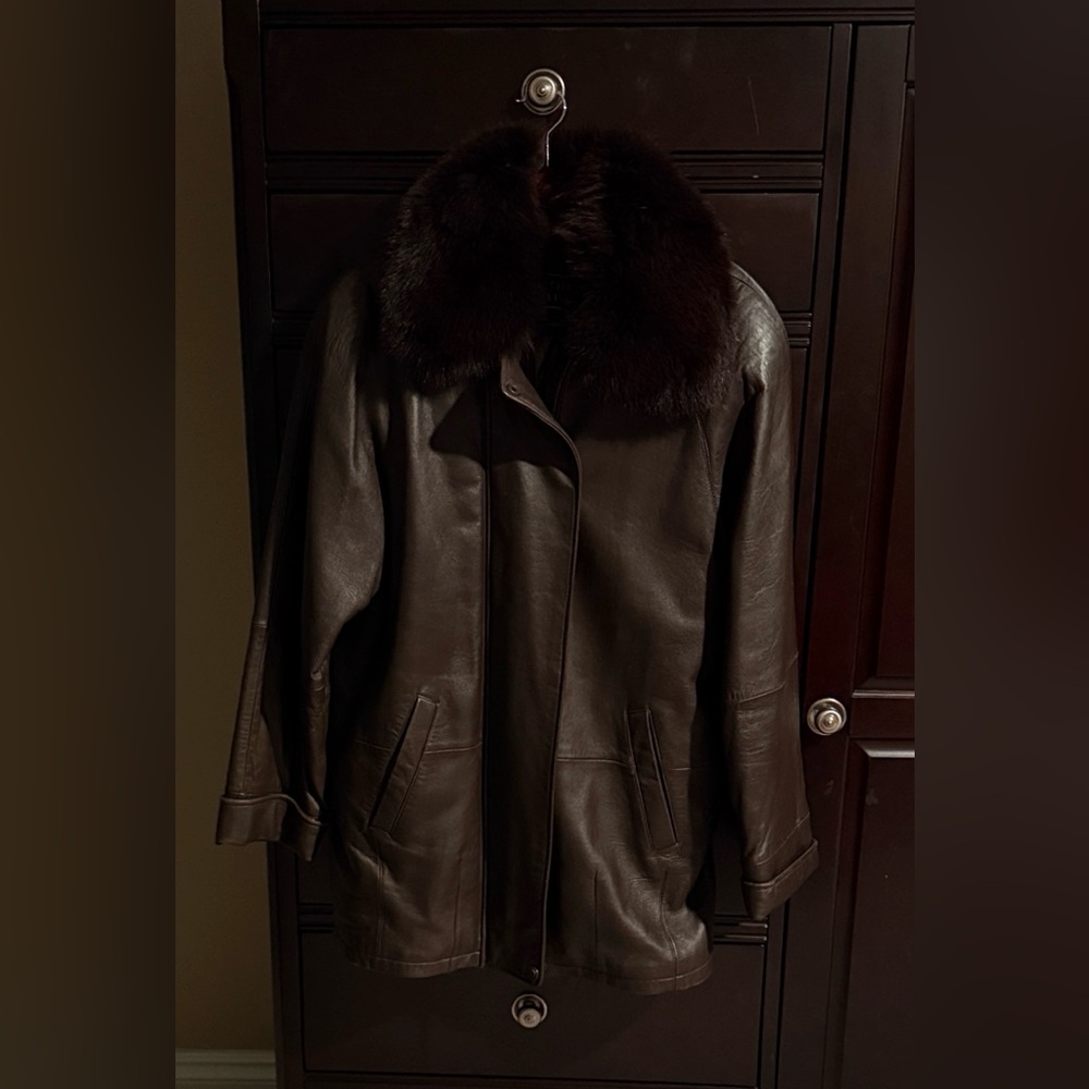 Brown Leather Bomber Jacket with Fur Collar
